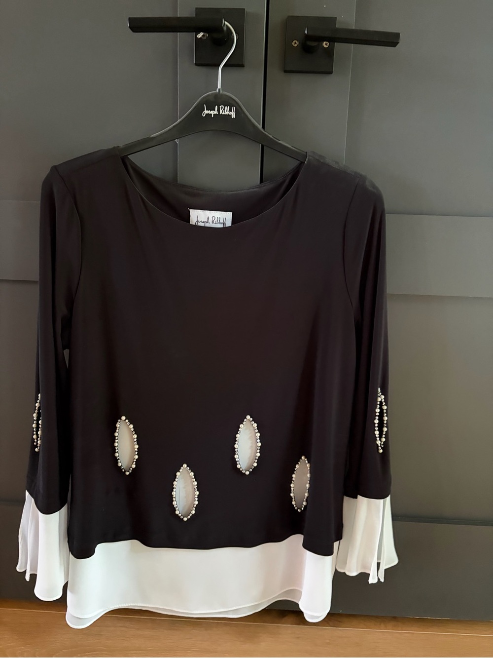 Joseph Ribkoff Black Blouse with White Layered Hem & Embellished Cutouts